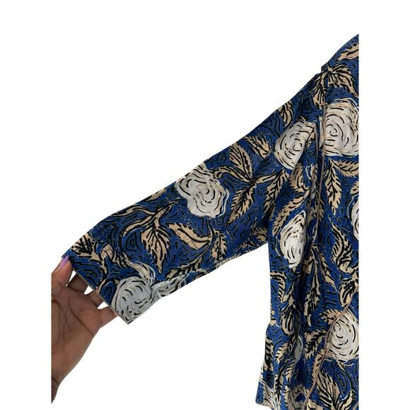 Nic + Zoe Blouse Blue Tan Button Up Short‎ Sleeve Silk Blend Lightweight Size XL - Picture 7 of 12